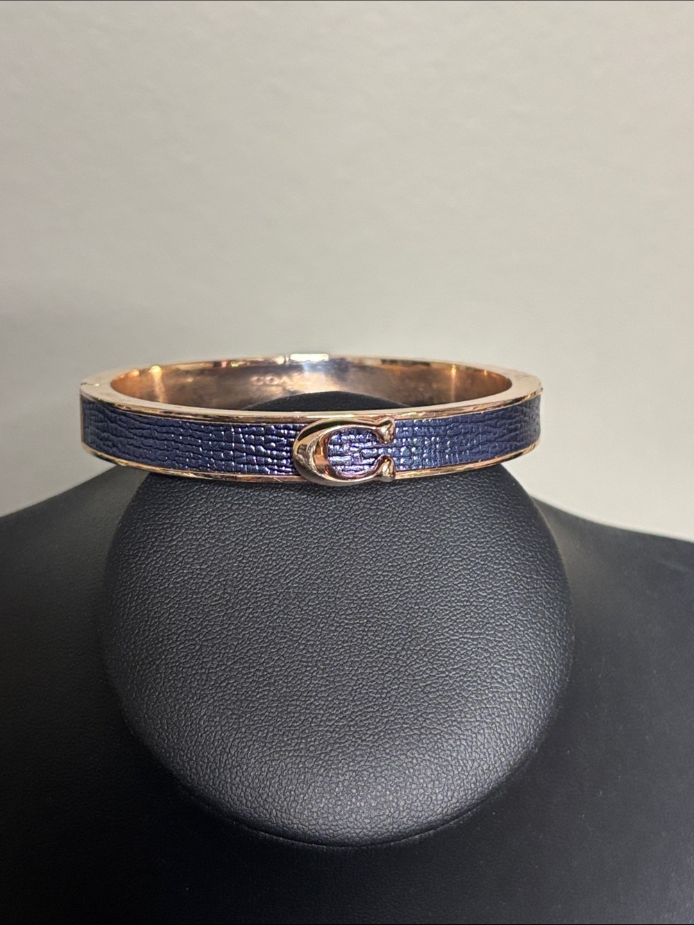 COACH Women's C Logo Hinged Bangle Bracelet Rose Gold S/ Steel & Blue Leather